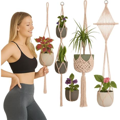 Lot de 4 pots de fleurs suspendus en macramé - Décoration bohème - Pour pot de fleurs à suspendre - Diamètre : 10 à 25 cm - En coton - Pour balcon, fenêtre, salon et plantes suspendues (1/5)