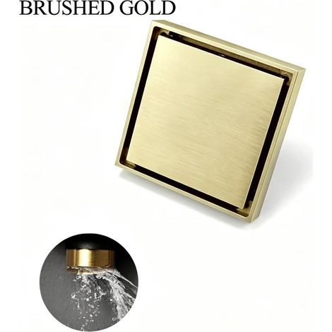(Brushed Gold)Brushed Nickel 10X10cm Square Shower Drain Tile Insert Anti Odor Brass Floor Drain Kit with Removable Grate Cover Hair Strainer (1/4)