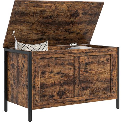 Panca contenitore in stile industriale da 95 litri con coperchio con fibbia di sicurezza, panca contenitore multiuso per soggiorno e ingresso, 80x40x49 cm, marrone rustico