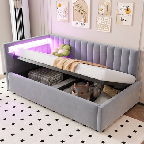 Schlafsofa Samt Grau 90x200 cm mit LED-Kopfteil, hydraulischem Stauraum und Lattenrost (1/5)