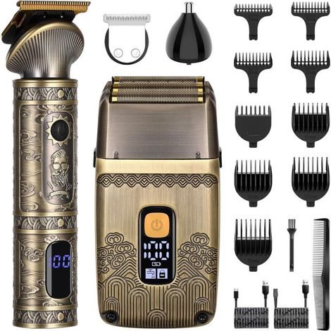 Rifinitore di precisione a T e rasoio elettrico per uomo - Rifinitore per barba a lamina - Set per la cura della persona maschile con tripla lama - Senza filo (1/4)