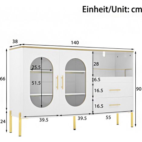 Buffet élégant 2 tiroirs et 2 portes vitrées – Commode blanche aux accents dorés, grand espace de rangement – Parfait pour salon, salle à manger ou entrée (1/5)
