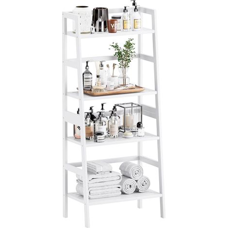Étagère à échelle à 4 Niveaux, bibliothèque en Bambou, Organisateur de Rangement pour la Salle de Bain, Fleur Plante Présentoir, Blanc (1/5)