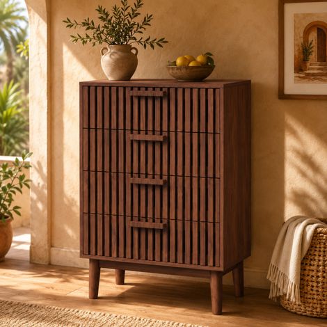 Buffet de rangement, Commode à 4 tirtors 60 x 34 x 91 cm, Meuble bas, Armoire Tiroirs, Buffet pour Salon, Chambre, Salle à Manger, couleur noyer (1/5)