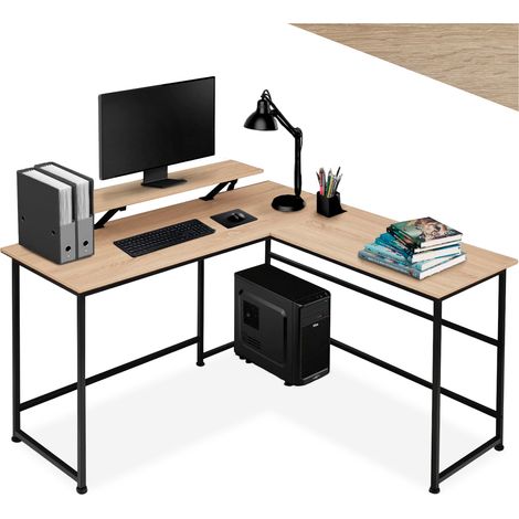 Bureau en panneau de fibres avec étagère stockage bois clair (1/5)