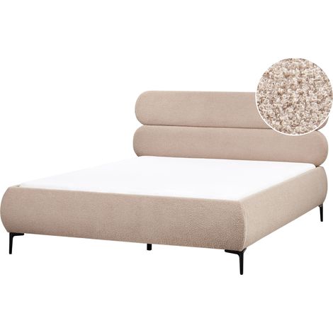 Cama con somier minimalista de bouclé cabecero patas de metal negro dormitorio 160 x 200 cm gris pardo Lessay