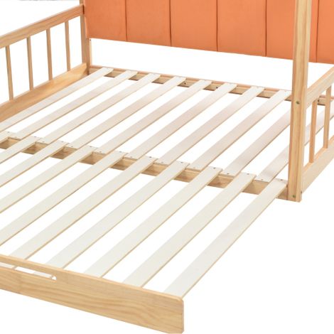 (Mit Matratze)Erweiterbares Gewölbtes Dachbett, Schiebebett, Kinderbett, Tagesbett, Doppelbett, Samtkissen, Rahmen aus Kiefernholz