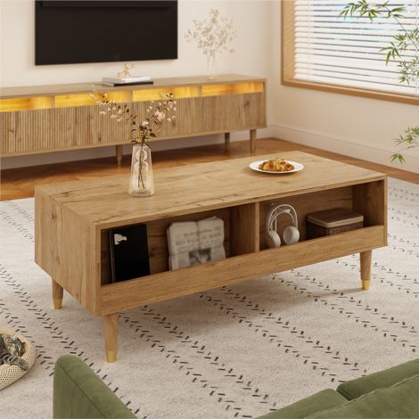 Couchtisch aus MDF in Holzoptik 110 cm mit 2 Schubladen, mehrfarbiger LED-Beleuchtung und Massivholzbeinen