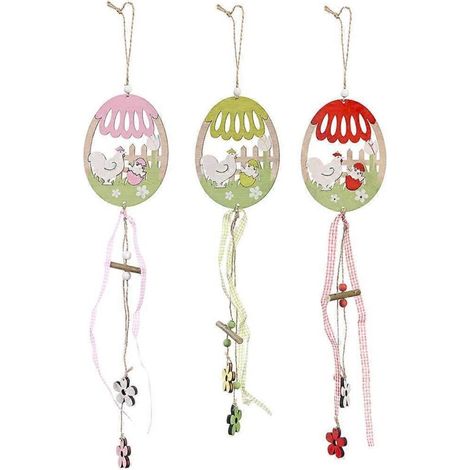 Pendentif de Pâques en bois, lot de 3, œufs colorés peints, coq ajouré (1/5)