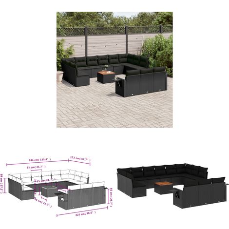 14-tlg. Garten-Sofagarnitur mit Kissen Schwarz Poly Rattan - Gartenmöbel - Esszimmergarnituren - Outdoor Möbel - Lounge Set - Rattan Gartenmöbel - Home & Living