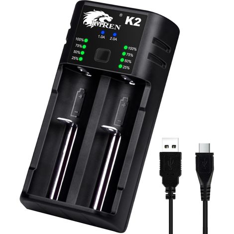 Chargeur de Batterie 18650, 2 A Rapide Chargeur Pile pour 3.7V Li-ION 18650 10440 14500 14650 18500 18350 18700 26650 1.2V Ni-MH/Ni-CD AA AAA C (2 Baies) (1/5)