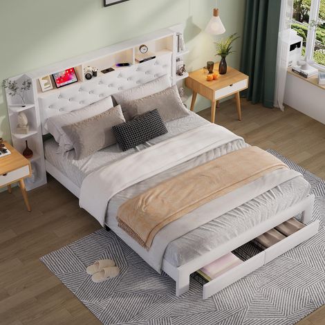 Lit avec tiroirs 140x200 cm avec tête de lit multifonctionnelle à compartiments, éclairage LED et USB Moderne - Velours - Blanc