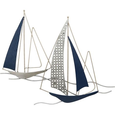 Décoration murale en métal 2 bateaux bleu cobalt et gris