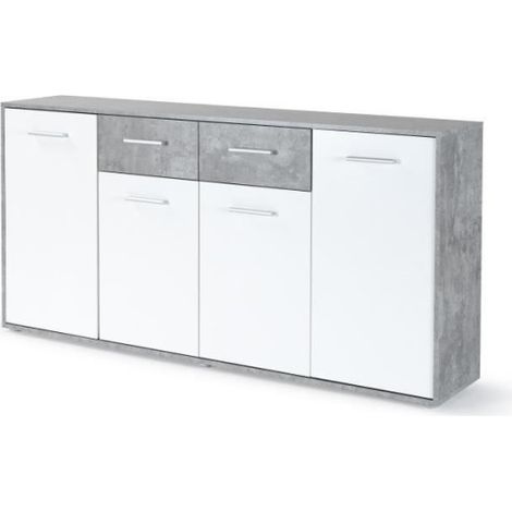 Buffet bas PILVI - 4 portes et 2 tiroirs - Blanc et béton clair - L 162,3 x P 34,2 x H 88,1 cm (1/5)
