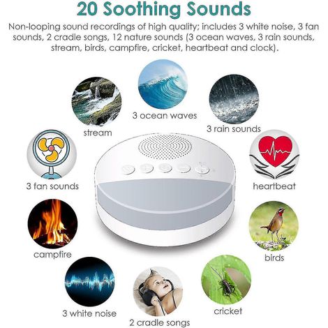 Machine à bruit blanc pour dormir, rechargeable, avec 20 sons apaisants, veilleuse, minuterie et volume réglable.