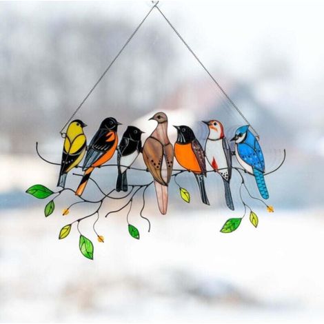 Panneau de suspension pour vitrail d'oiseaux, ornement de fenêtre teinté, attrape-soleil avec chaîne (7 oiseaux) (1/3)