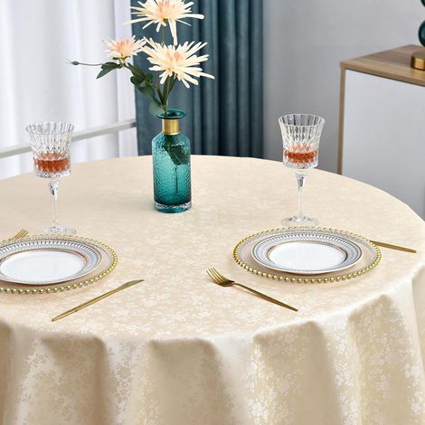 Runde Tischdecke 120 cm Beige, wasserdicht, wetterfest, Blumenmuster