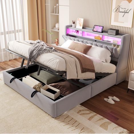 Cama doble 180x200 cm gris claro en terciopelo con almacenaje hidráulico, LED y puertos USB (1/5)