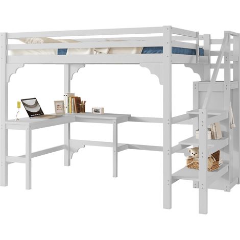 Hochbett 140 x 200 cm, Doppelbett mit L-Schreibtisch, offenem Kleiderschrank und Treppe mit Stauraum, ohne Matratze (1/5)