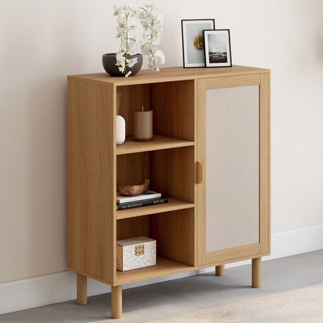 Aparador con 3 estantes y armario 70 cm Mueble de almacenaje ROBIN en madera y tela efecto lino