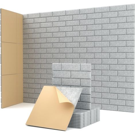 Lot de 12 panneaux d'isolation acoustique en mousse de fibres de polyester, auto-adhésifs, à motif brique, adaptés à une utilisation au bureau, 30 x 30 x 1 cm, gris