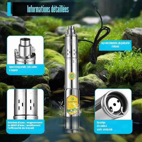 Pompe solaire immergée DC 24 V 370 W - Boîtier acier inoxydable - Refoulement max. 65 m - Débit 2 m³/h - Fontaine, irrigation (1/5)