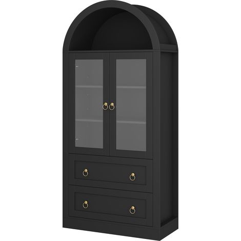 Buffet haut cintré avec portes vitrées et tiroirs 80x36x170 cm en aggloméré noir MODENUIT (1/5)
