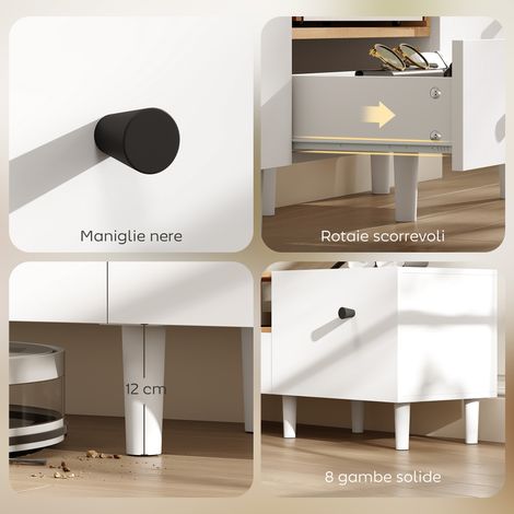 Meuble TV 150x35x45 cm blanc et bois clair, support écran jusqu'à 70", avec étagère ouverte, tiroir et 2 portes, meuble salon en bois. (1/5)
