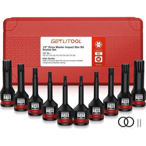 1/2" Kraft Torx Bit Schlagschrauber Nüsse Satz, 10tlg S2-Stahl, T25-T80, 78mm (1/5)