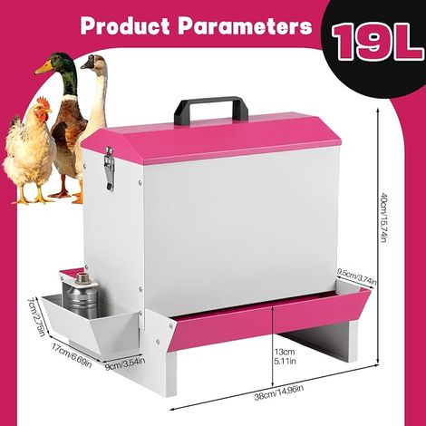 Distributeur automatique de nourriture et d'eau pour volailles - En métal - Avec abreuvoir - Double face - Pour poules, canards, oies, portables - Avec poignée et serrure (1/4)