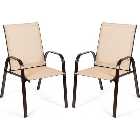 COSTWAY Conjunto de 2 Sillas Jardín Exterior Textilene, Sillas Terraza Exterior con Reposabrazos Curvos, Tela Fácil de Secar, Marco de Metal Reforzado, Asiento Ancho y Cómodo (Café) (1/5)