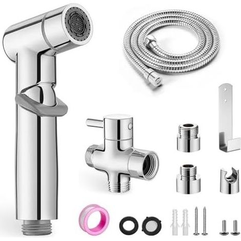 Bidet-Sprühset für die Toilette mit 3-Wege-T-Ventil (G1/2" & G3/8"), Handbrause aus Edelstahl mit 1,5 m Schlauch für die Intimhygiene und die Verwendung auf japanischen Toiletten (AMZ-NHQ07CP-TZEU-DE) (1/5)