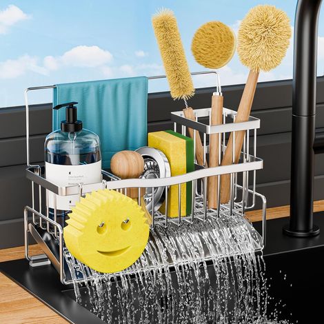 Kitchen Sink Organizer Stainless Steel Self-Draining Rack Sponge Holder Kitchen Sink with High Brush Sponge Rack Hook Towel Holder and Removable Divider, Silver (1/5)