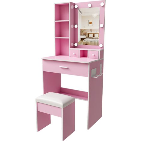 Set toeletta compatto rosa con specchio LED regolabile, presa, supporto phon e sgabello imbottito (1/5)