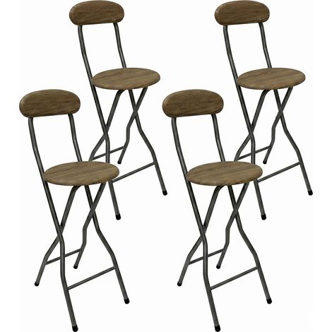 Set 4 Sgabelli Bar Pieghevoli in Metallo Argento e Seduta Rovere con Schienale e Poggiapiedi Altezza 93,5 cm Ideali per Cucina Isola Penisola Bar e Ristorazione