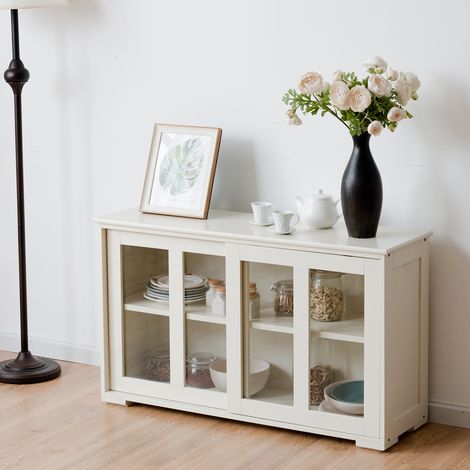 Buffet de Cuisine Armoire  Basse de Salle à Manger 2 Etagères 2 Portes Transparentes en MDF, 106,5x33x62,5cm, Beige CW41313 (1/3)