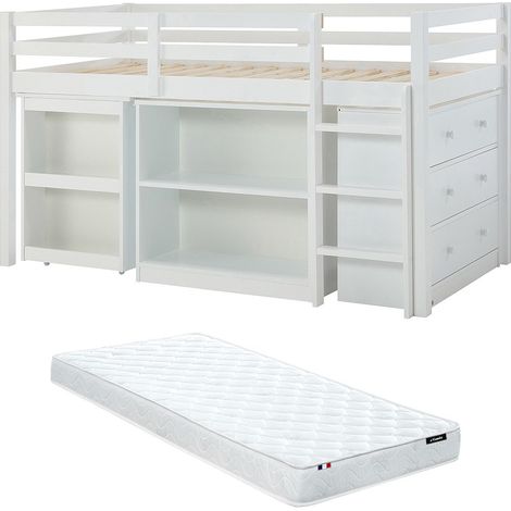 Letto combinato 90 x 190 cm con vani e scrivania allungabile Abete e MDF Bianco + Materasso  - ABRENO