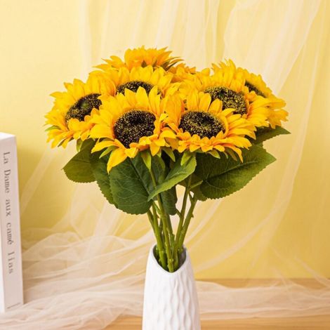 6 pièces longue tige artifici tournesols tournesol fleur de soie pour extérieur maison mariage fête d'anniversaire décoration couleur jaune (1/5)