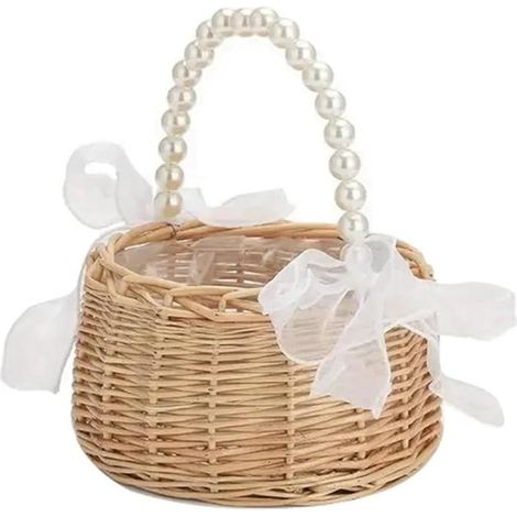 Panier en osier tressé à la main - Avec anse en perle et nœud en ruban - Convient pour les demoiselles d'honneur et la décoration de fêtes - Idéal pour les bonbons, les biscuits et les petits cadeaux (1/5)