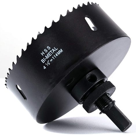 Scie cloche -114 mm - Acier rapide HSS M42 bi-métal - Scie-cloche avec tige hexagonale et foret pour bois, construction sèche et tôle métallique - 1 pièce - Noir (1/5)