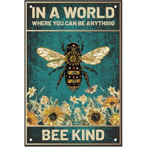 Plaque Metal Vintage fer-blanc vintage abeille fleur Citations inspirantes Soyez gentils Panneau en fer-blanc Vintage Decoration en métal Décor rétro chambre salle de bain 20x30cm (1/5)