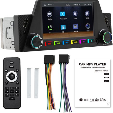 Ortviai Autoradio 4,7" avec écran tactile IPS, Bluetooth 5.1, RDS, lecture USB/AUX, miroir smartphone, caméra de recul et 14 effets lumineux
