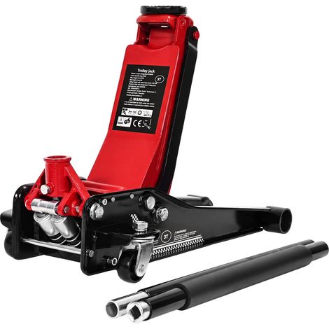 Cric hydraulique, 3 t, à plat, 75 500 mm, double piston, noir/rouge (1/5)