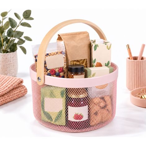 Relaxdays Drahtkorb mit Henkel, rund, Aufbewahrungskorb Metall & Holz, Utensilienkorb Küche, Bad, Wohnzimmer, rosa (1/5)