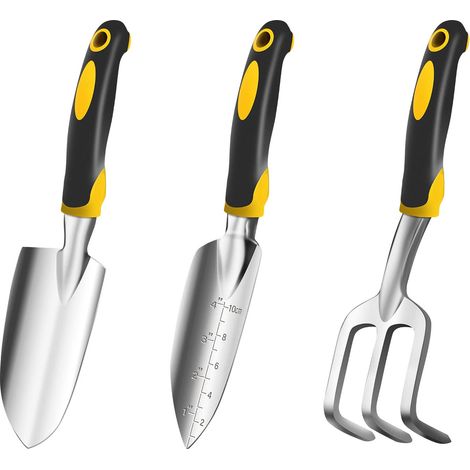 3-teiliges robustes Gartengeräte-Set aus Aluminium, inklusive Pflanzkelle und Handrechen, ergonomischer, rutschfester Gummigriff