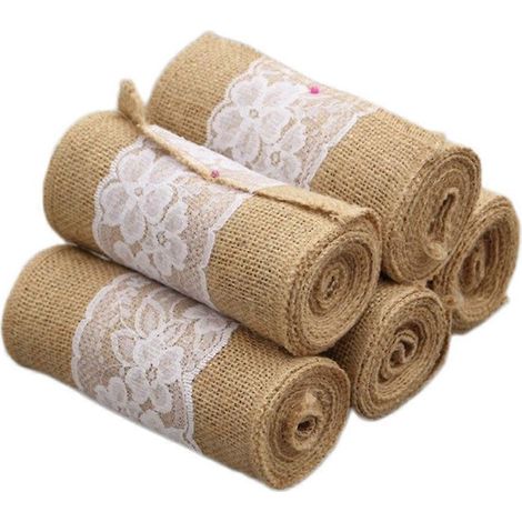 Exquisite Jute-Sackleinenrolle mit weißer Blumenspitze für DIY-Sackleinen-Schleifen-Bastelarbeiten