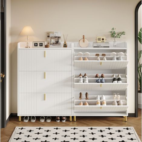 Mueble zapatero de 6 compartimentos, lote de 2, blanco, MDF, antivuelco DESVIAE (1/5)