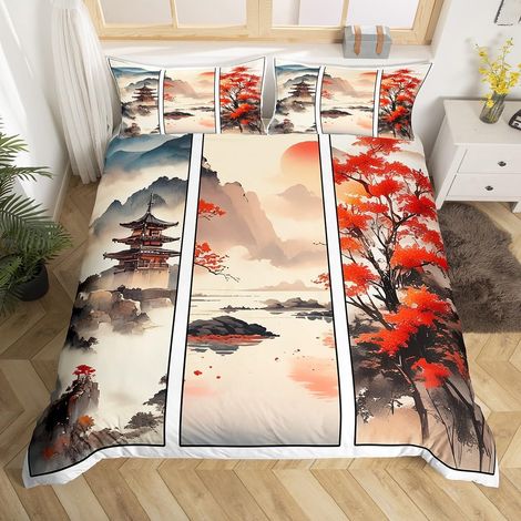 Vintage Ink Painting Bedding Set Chinese Landscape Painting Duvet Cover 240x260cm Maple Leaf Kiosk Ink Splash Bedding Set Girls Boys Bedding Set (1/5)