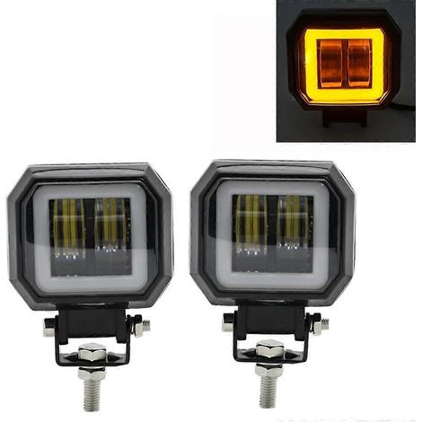 2 pièces / 1 barre lumineuse LED ronde étanche de 3 pouces 40 W avec œil d'ange, 12 V 24 V 6500 K blanc bleu pour moto tout-terrain, éclairage de travail LED, 2 x carrés jaunes (0,345) (1/5)