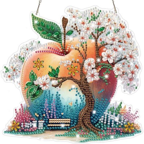 5D Diamond Painting Pendentif Pomme Fleurs de cerisier Décoration de fenêtre Kit de bricolage Ornement suspendu